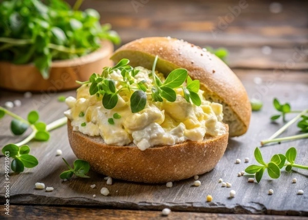 Fototapeta Moist egg salad oozing out of a crusty bread roll, surrounded by fresh cress leaves and a sprinkle of salt, captured in a shallow focus.