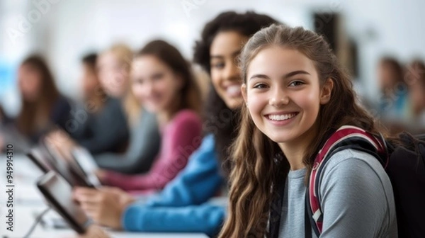 Fototapeta Group of happy students engaged with digital tablets during a classroom session, showcasing modern education and technology.