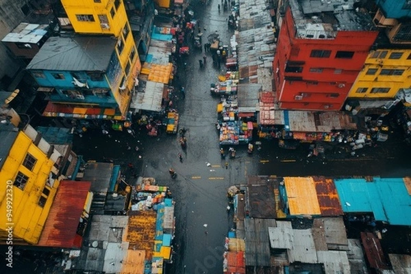 Fototapeta Aerial View of a Vibrant, Multicolored Marketplace with People and Buildings