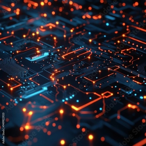 Fototapeta Abstract Circuit Board with Glowing Orange and Blue Lines, Technology Background.