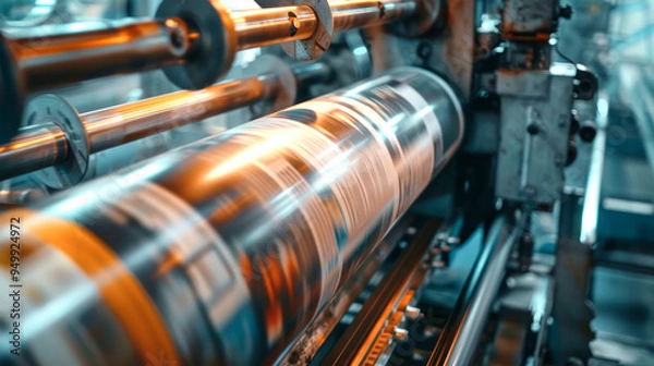 Fototapeta Newspaper rolls rapidly move through a high-speed printing press, showcasing the industrial process of printing with dynamic motion and vibrant colors