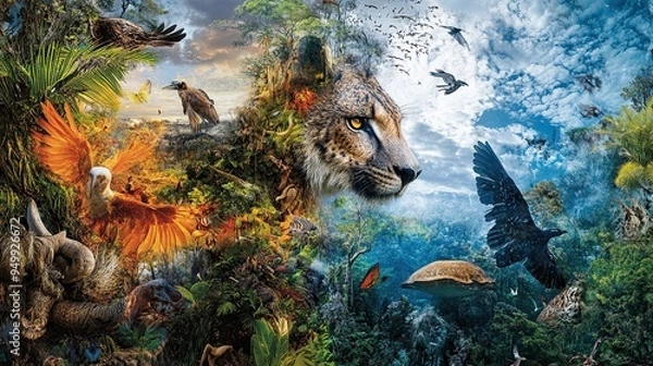Fototapeta A collage showcasing the beauty and diversity of wildlife alongside images of endangered species, raising awareness about habitat loss and poaching.