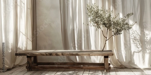 Fototapeta Wooden Bench, Olive Branch, and Sheer Curtains in a Sunlit Room