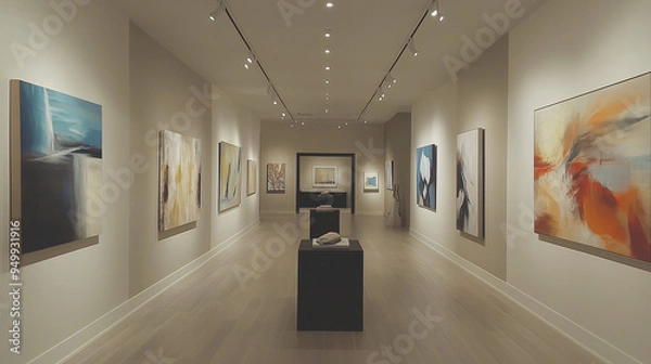 Fototapeta An art gallery-style space featuring a long hallway with track lighting, several abstract artworks in various sizes, and a monochromatic color scheme for a sophisticated look