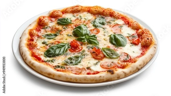 Obraz A pizza with basil and tomatoes on top of a white plate
