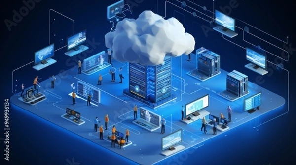 Obraz Cloud Computing Network Infrastructure: Data Center and Server Room Illustration
