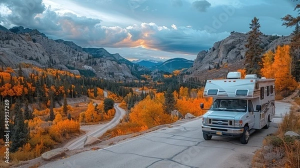Fototapeta An RV parked on a winding mountain road with autumn leaves, overlooking a valley.