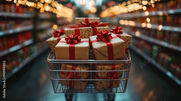 Fototapeta Shopping cart with christmas presents wrapped and ready to be delivered. Christmas shopping. Xmas presents