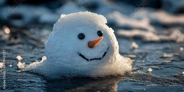 Fototapeta Small snowman melting on ice during warm winter day