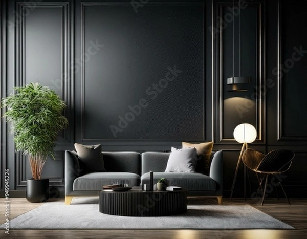 Fototapeta modern living room interior, modern living room with sofa modern living room interior, Modern dark home interior background, wall mock up, 3d Modern dark home , modern living room