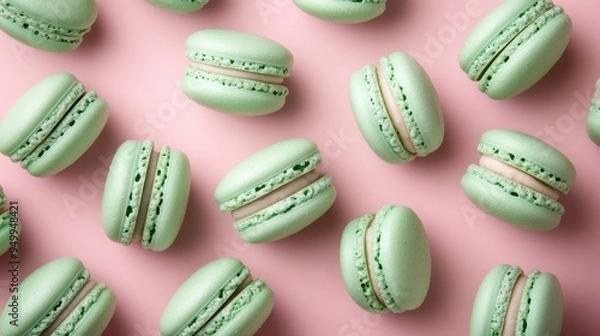 Fototapeta Mint macaroons in a row on pink background,french macaroons,Paris Pastry macaron green tea,Pastry shop card with copy space,french macaroons,bakery and branding concept,copy space.