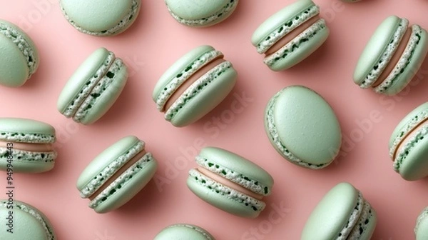 Fototapeta Mint macaroons in a row on pink background,french macaroons,Paris Pastry macaron green tea,Pastry shop card with copy space,french macaroons,bakery and branding concept,copy space.