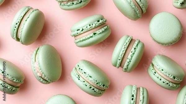 Fototapeta Mint macaroons in a row on pink background,french macaroons,Paris Pastry macaron green tea,Pastry shop card with copy space,french macaroons,bakery and branding concept,copy space.