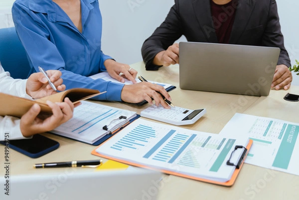 Fototapeta Diverse teams collaborate and experts drive growth through creative design, analytics and strategic networks, fostering career and company success.