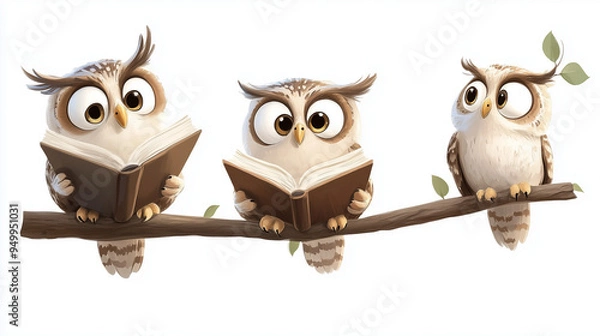Fototapeta Wise Eyes on the Prize: Adorable owl trio engrossed in their books, perched on a branch, embodying the pursuit of knowledge and the joy of reading. 3D render, white background. 