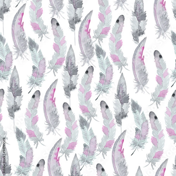 Fototapeta Watercolor pattern with feathers