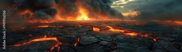 Obraz Lava field, cracked ground with molten lava flows, smoke, and ash clouds, 3D landscape