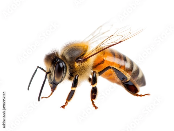 Fototapeta Close-up of a bee showcasing intricate details of its wings, body, and eyes against a transparent background.