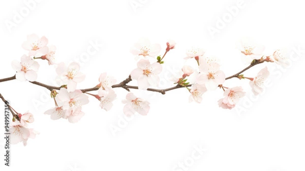 Obraz Delicate cherry blossom branch with soft pink flowers against a white background, perfect for springtime designs and promotions.