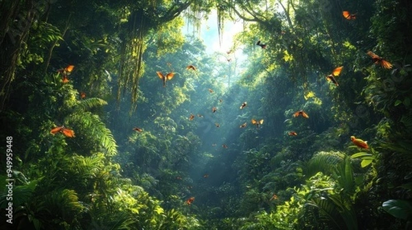 Fototapeta Rainforest canopy, layers of dense vegetation, hanging vines, and colorful birds, 3D landscape