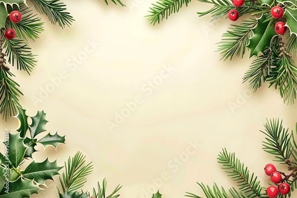 Fototapeta Christmas green frame with holly leaves and stars on a beige background