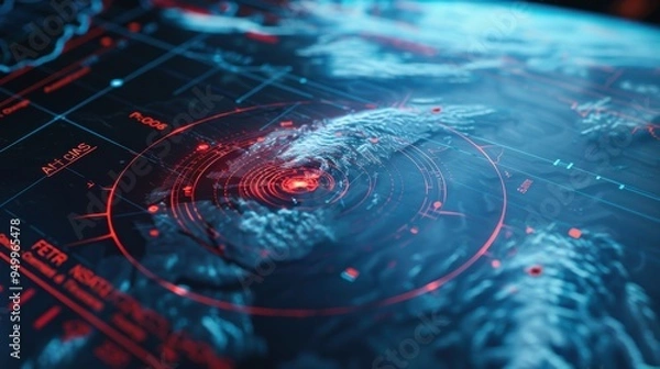 Obraz Futuristic spy satellite scanning terrain with target hud display