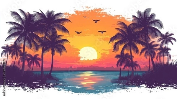 Obraz Vibrant sunset over the ocean with palm trees silhouetted against a colorful sky, creating a tranquil tropical scene.