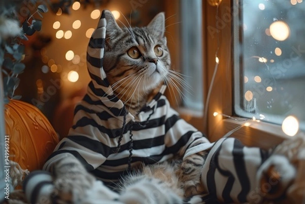 Fototapeta Cat Wearing Stripes Hoodie by the Window