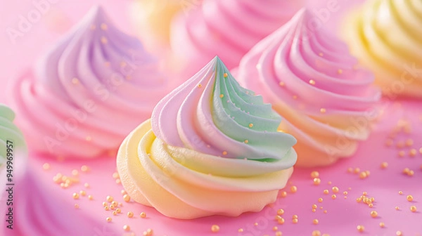 Fototapeta A colorful frosted dessert with a rainbow swirl. The dessert is sitting on a pink background. The dessert is a delicious treat that is sure to please anyone who tries it