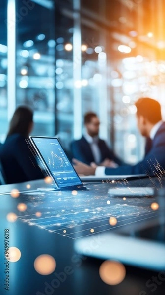 Fototapeta A business meeting in a sleek corporate boardroom, with diverse executives discussing strategy and using digital tools like tablets and interactive screens