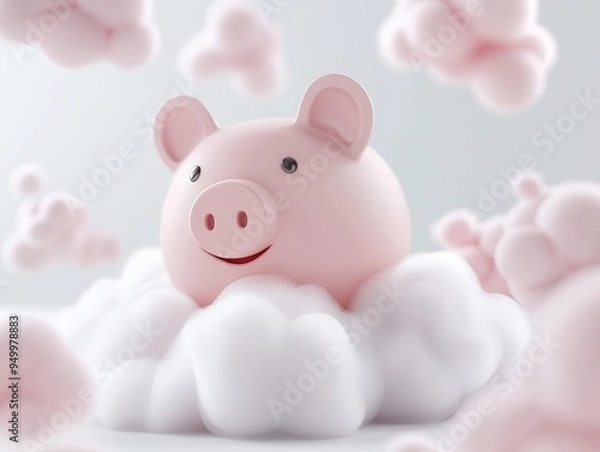 Obraz Piggy bank floating in a digital cloud, money concept, 3D render illustration