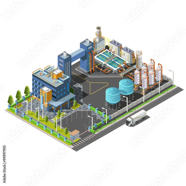 Fototapeta Isometric Industrial area, plant, hydroelectric, water purifying system construction. Isolated vector 3D isometric concept. Vector icon set of buildings, pipes, boilers and water.