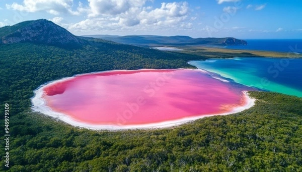 Fototapeta Mesmerizing Pink Lake Hillier: Aerial View of Nature's Wonder Surrounded by Lush Green Forest and White Coastline. Unique Travel Destination for Adventure Seekers and Nature Lovers, Perfect for Touris