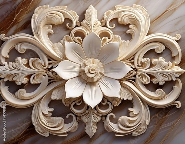 Fototapeta An ivory bas-relief floral sculpture against a marble backdrop.