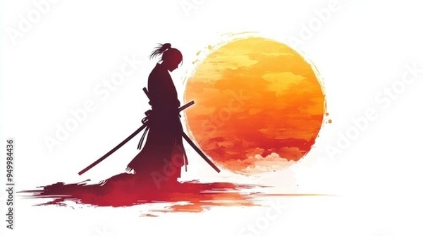 Fototapeta A serene silhouette of a samurai against a vibrant sunset, embodying courage and tranquility in a striking composition.
