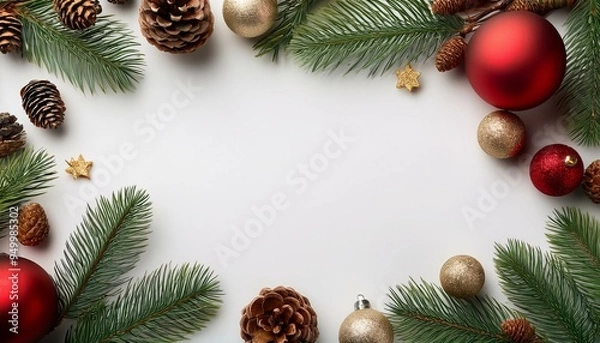 Fototapeta Christmas background with Christmas ornaments and pine cones with white copy space