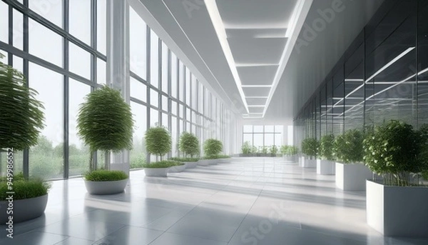 Obraz Design of a modern office building with an empty space, potted plants on a light background. 3D rendering.