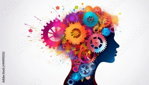 Fototapeta In a white background with copy space, colorful splashes and gears form the silhouette head representing stock.