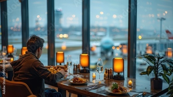 Obraz Vibrant Airport Dining Experience: Traveler Enjoying Meal by Runway View Windows