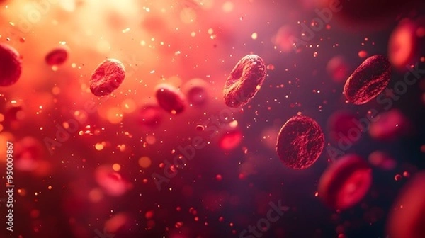 Fototapeta Bright microscopic view of red blood cells, floating in plasma, vibrant red color, dynamic motion, 3D rendering, scientific visualization, medical illustration, glowing particles.