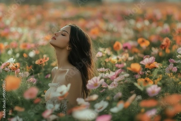Obraz Woman Embracing Serenity in a Field of Vibrant Wildflowers