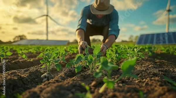 Fototapeta Farmer tending crops in field with solar panels and wind turbines, sustainable agriculture and renewable energy concept, modern farming practices in scenic rural landscape