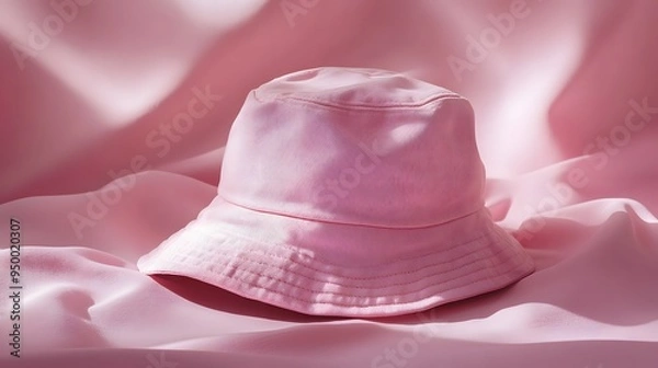 Obraz Pastel pink bucket hat, soft fabric texture, minimalist design, studio photography, subtle shadows, clean background, product shot, centered composition.