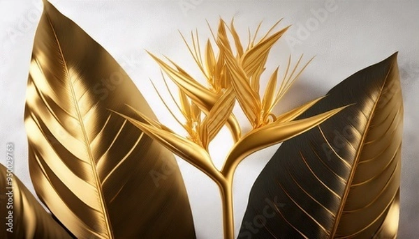 Fototapeta A golden bird of paradise flower with golden leaves and buds is surrounded by bright white stucco.