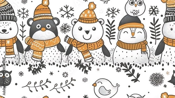 Fototapeta A festive seamless pattern of holiday animals, featuring polar bears, penguins, and owls dressed in Santa hats and scarves.