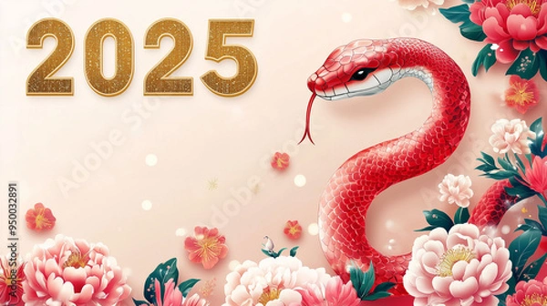 Fototapeta 2025 Chinese Lunar Year of the Snake theme with a cute snake, peonies, chrysanthemums, Chinese lanterns, and fireworks, featuring golden '2025' and ample white space