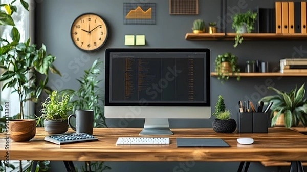 Fototapeta Minimalist desk setup with a computer blank screen, clipboard, wall clock, calculator, coffee mug, and note paper with a data graph on the wall.