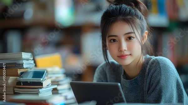Obraz Asian female student multitasking with a laptop and smartphone, focusing on her graduation preparations at a desk cluttered with books.
