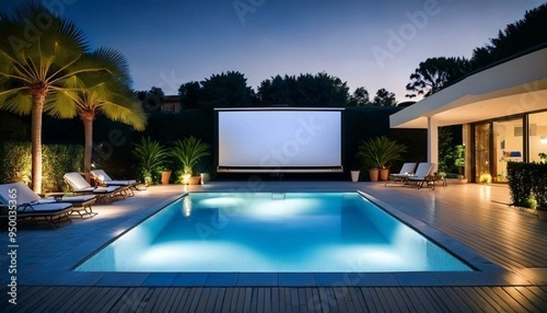 Fototapeta An inviting poolside movie night, complete with a projector screen