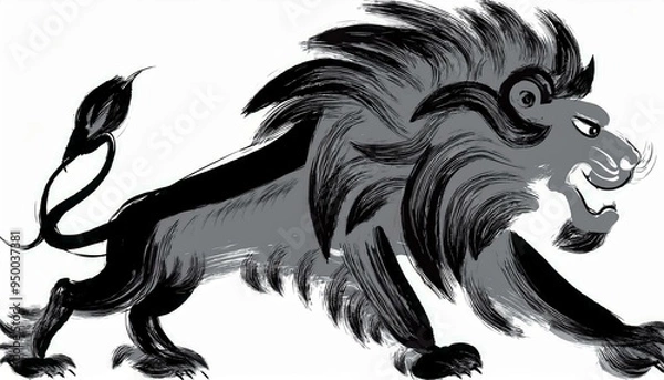 Fototapeta Black and gray Chinese brush stroke calligraphy drawing inking of a lion